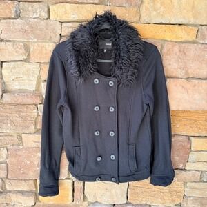 Hurley M Double Breasted Faux Fur Collar Black Women's Y2K Sweatshirt Jacket